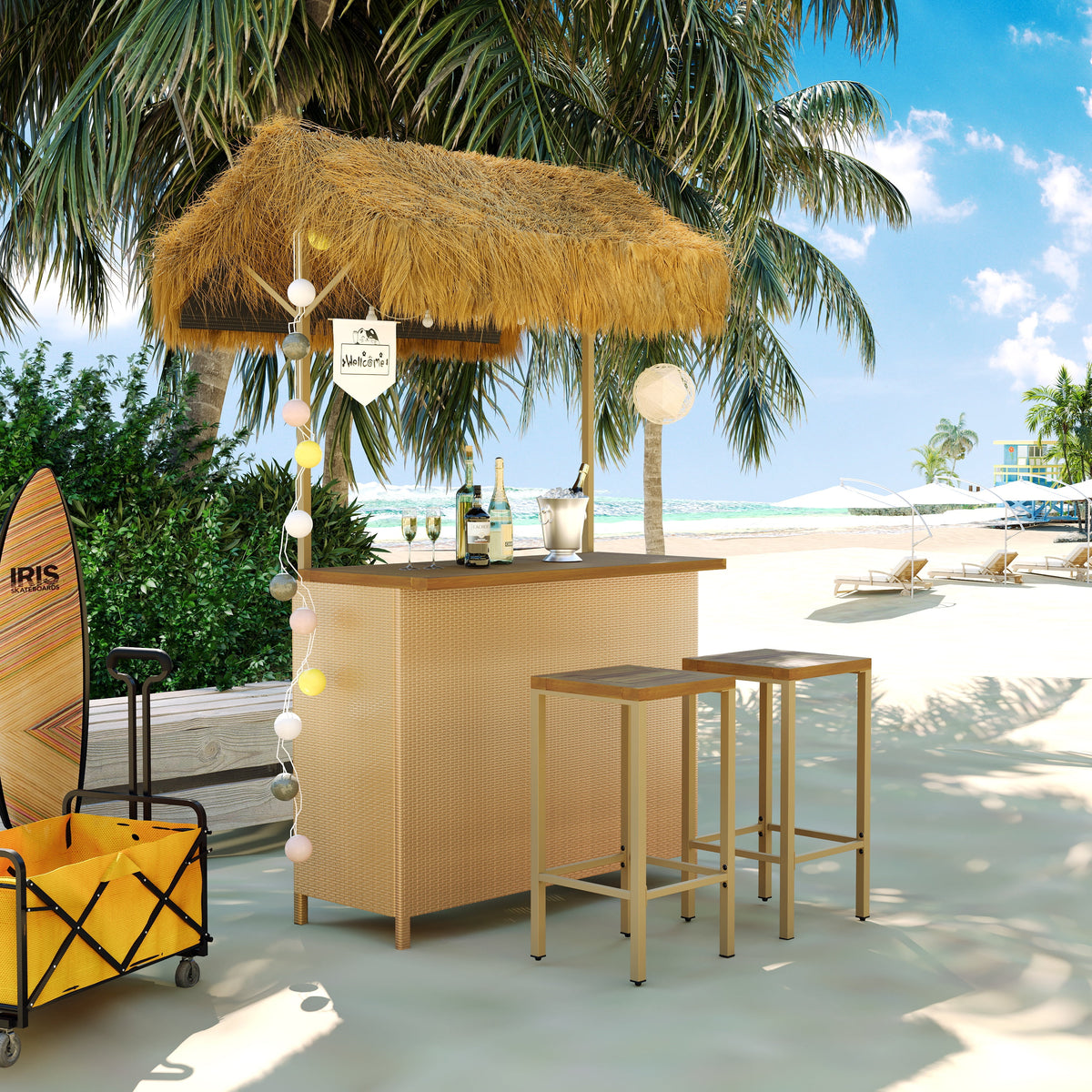 3-piece Outdoor Bar Set, PE Rattan Wicker Bar Stool and Table w/Storag ...