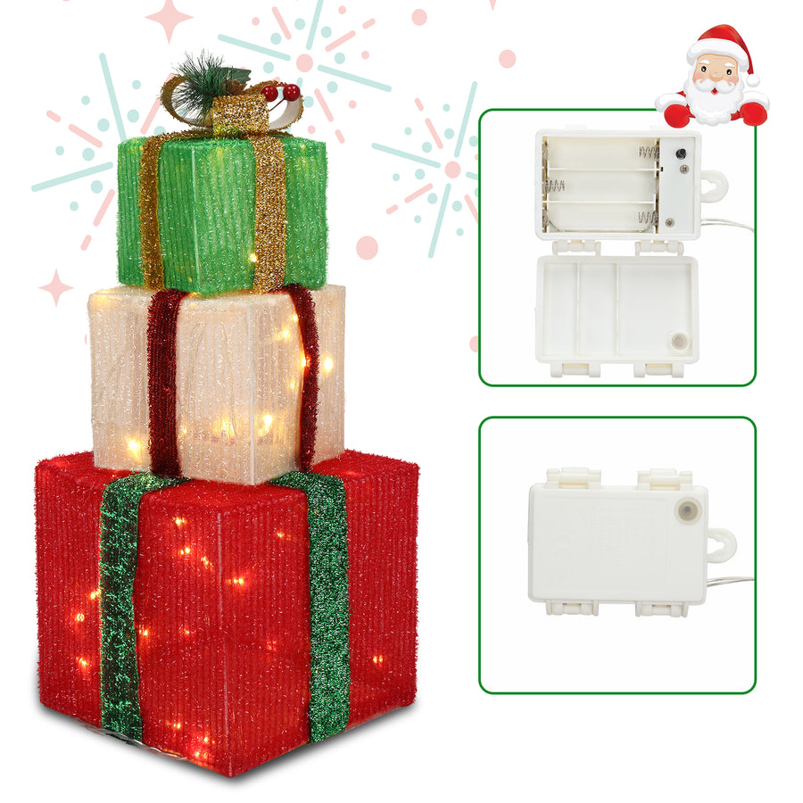 Flocked Gift Box w/Colorful Lights, 3pcs Christmas Ornaments with Berries, Branches, Pine Cones Decor, Lighted Christmas Tree Decorations for Indoor Home