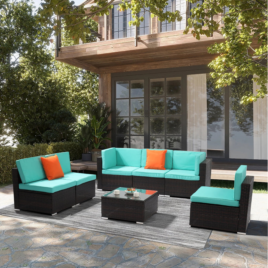 Clearance Patio Furniture, 7 Piece Luxurious Rattan Outdoor Sectional Set, All-Weather Wicker Porch Patio Couch w/Coffee Table, Thick Cushion Outdoor Sofa W/Pillows