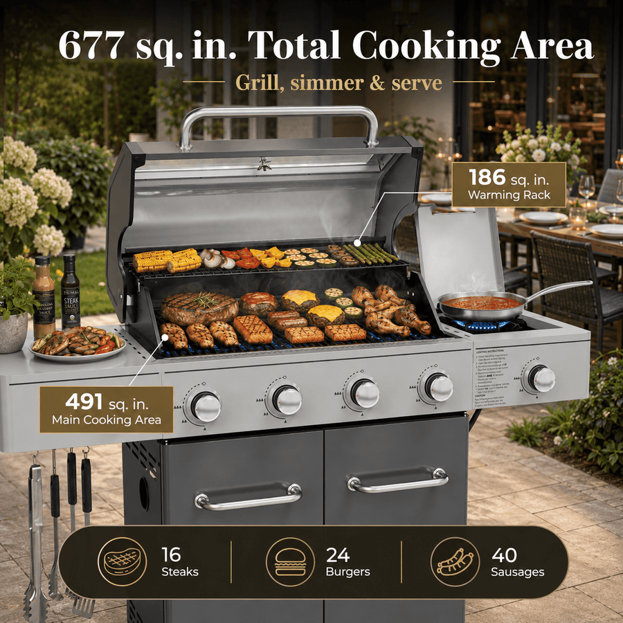Seizeen 56,000 BTU Outdoor BBQ Grill, 4-Burner Propane Gas Grill with Side Burner w/ Lid Viewing Window, Multifunctional Grill w/Cast Iron Grate, Built-in Thermometer, Warming Rack for Patio Backyard