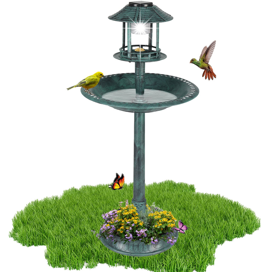 Bird Bath with Bird Feeder, Seizeen Outdoor Bird Baths with Solar Light & Base Planter, Round Birdbaths as Garden Decor, 42''H, Green