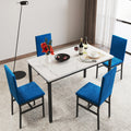 Kitchen Dining Table Set, 5-Piece Dining Table and Chairs, Metal Frame Dining Room Set with White Marble Table and Blue Velvet Chairs for 4