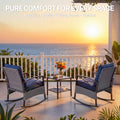 3 Pieces Patio Outdoor Conversation Set, Patio Furniture Bistro Set with 2-Tier Coffee Table, PE Wicker Rocking Chairs with Blue Cushions for for Backyard Porch Poolside