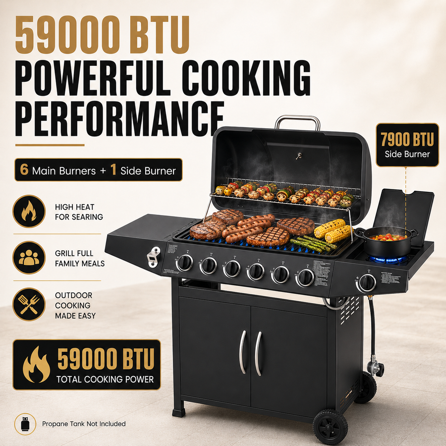 Seizeen 6 Burner Propane Gas Grill, 59000 BTU BBQ with Side Burner, 576 Sq In Cooking Area, Porcelain-Enameled Grates