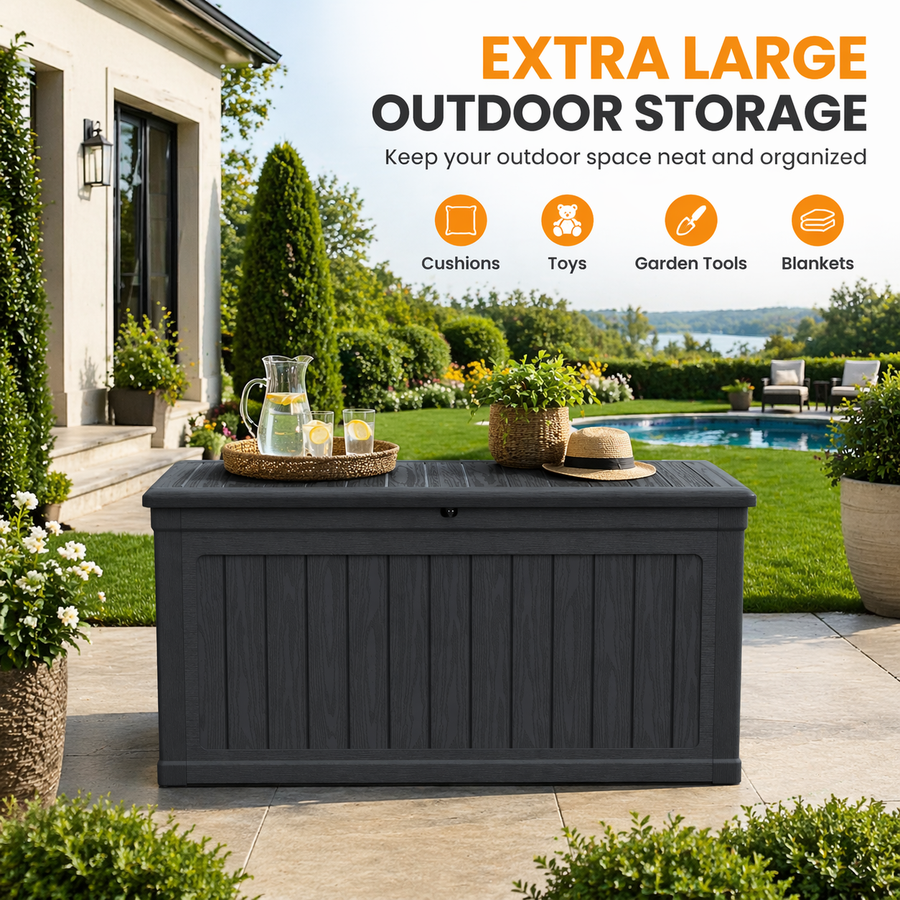 1000LBS Deck Box for Outdoor, 230GAL Resin Storage Bench Toy Box, Patio Pool Furniture Cushion Storage Waterproof, Automatically-Open Lid w/Reinforced Steel Beam