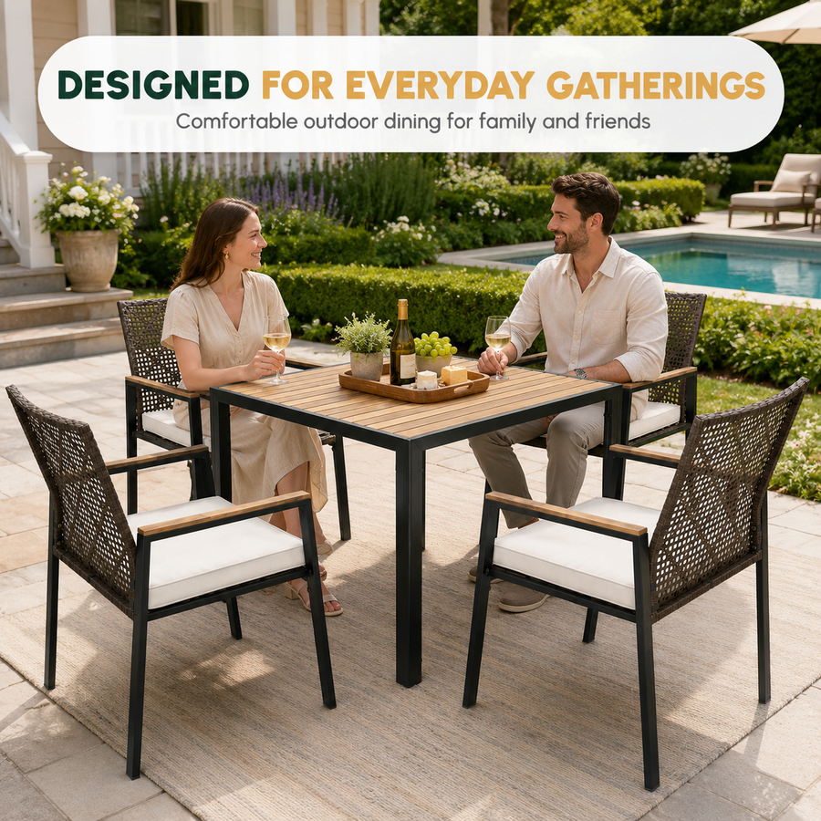 Outdoor Dining Set, 5-piece Outdoor Patio Furniture Table and Chairs Cushioned, Hollow Rattan Dining Table Set for 4, Bold Metal Frame, Acacia Woodtop, Umbrella Hole