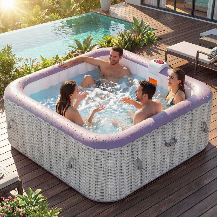 Seizeen 4-6 Persons Inflatable Hot Tub, 73in Square Hot Tub with Built-in Pump, Woven Pattern Home Spa with 130pcs Jets, Lockable Cover, 2 Cup Holders, 4 Filters Rapid Heating up to 104°F
