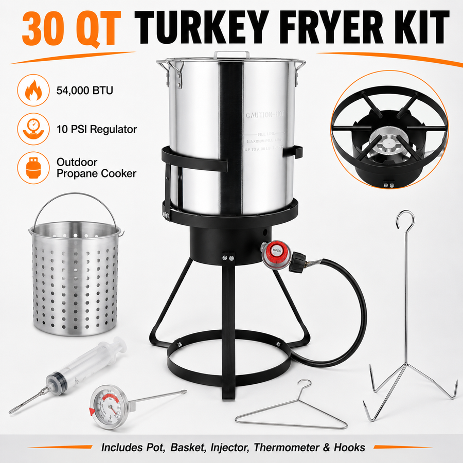 Outdoor Turkey Fryer Kit, 30QT Aluminum Deep Fryer and Seafood Boil Pot, 55,000 BTU Propane Burner with 32.3-Inch Iron Tripod Stand, Basket, Poultry Rack, Thermometer and Injector