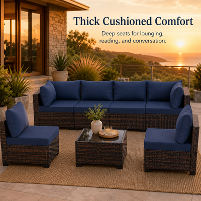 Patio Furniture Set on Sale, 7 Piece Luxurious Rattan Outdoor Sectional Set, All-Weather Wicker Porch Patio Couch w/Coffee Table, Thick Cushion Outdoor Sofa, Brown