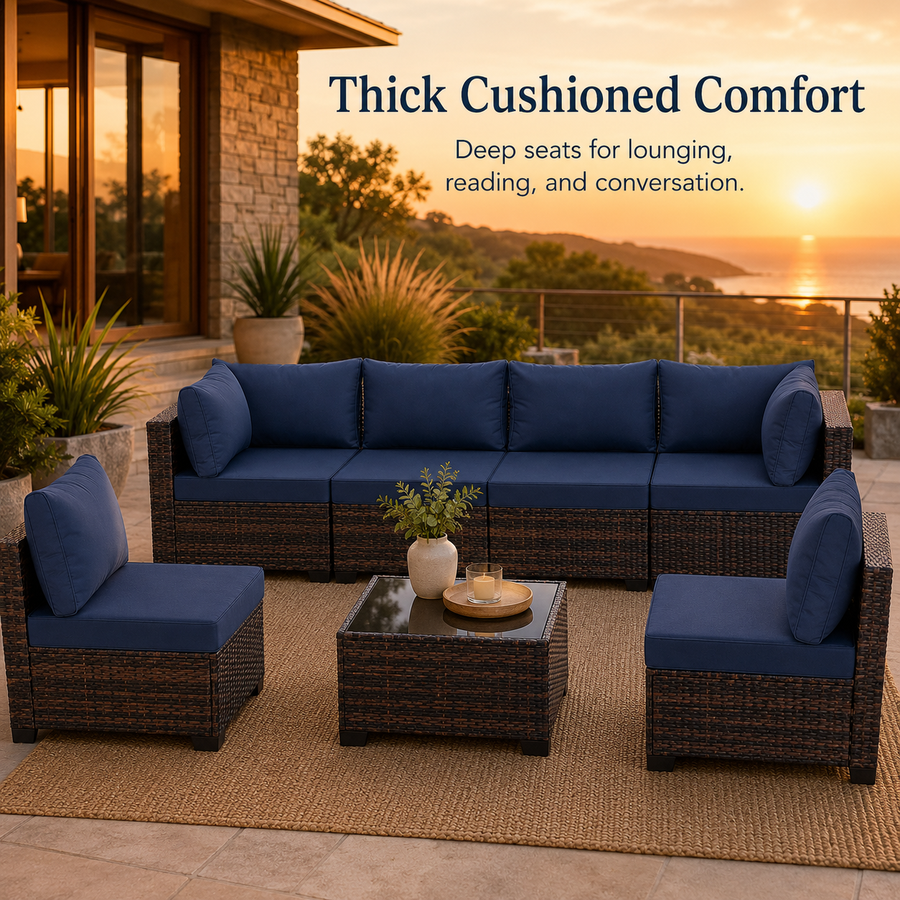 Patio Furniture Set on Sale, 7 Piece Luxurious Rattan Outdoor Sectional Set, All-Weather Wicker Porch Patio Couch w/Coffee Table, Thick Cushion Outdoor Sofa, Brown