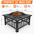 32'' Wood Burning Fire Pit, Outdoor Metal Fire Pit Table with Mesh Screen Lid & Poker, Stone Pattern Patio Fireplace for Backyard, Garden, BBQ, Heating, Square