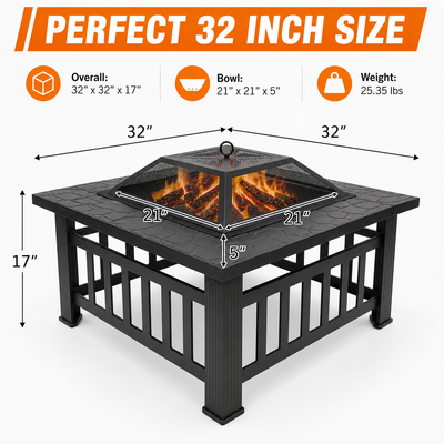 32'' Wood Burning Fire Pit, Outdoor Metal Fire Pit Table with Mesh Screen Lid & Poker, Stone Pattern Patio Fireplace for Backyard, Garden, BBQ, Heating, Square