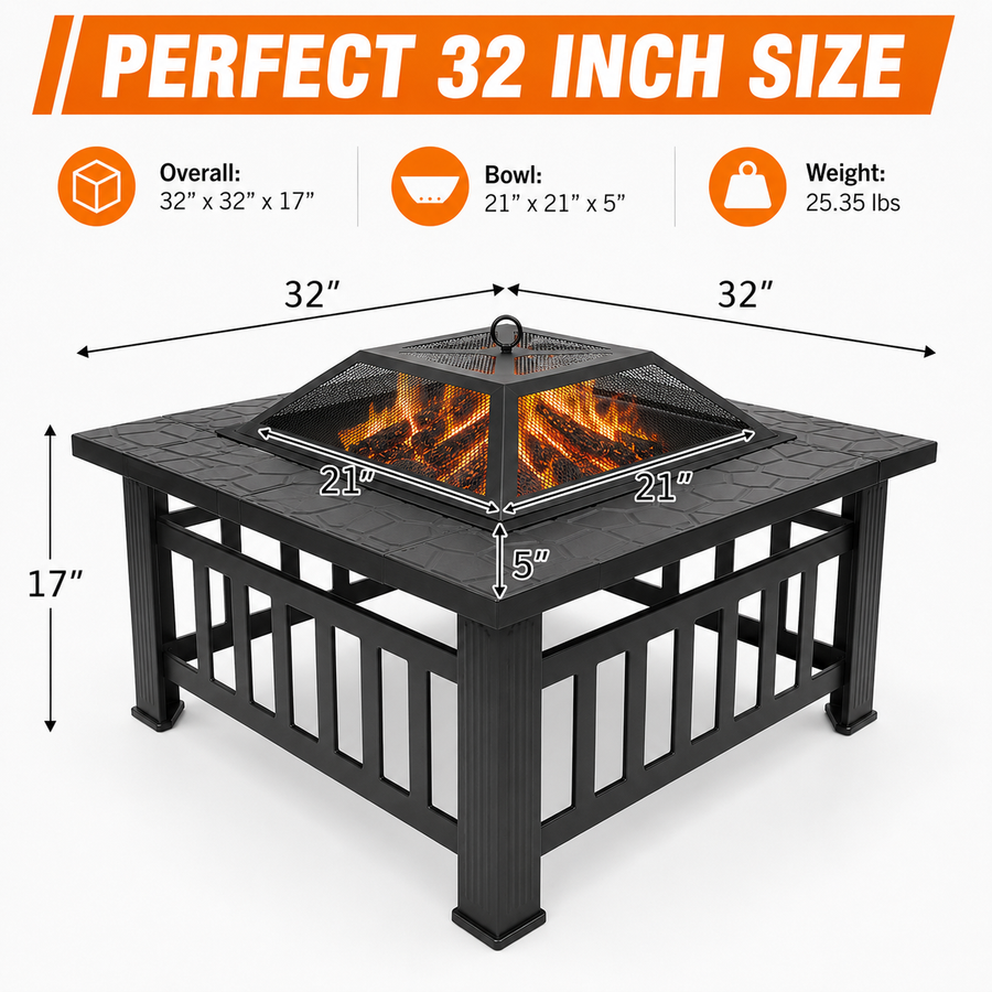 32'' Wood Burning Fire Pit, Outdoor Metal Fire Pit Table with Mesh Screen Lid & Poker, Stone Pattern Patio Fireplace for Backyard, Garden, BBQ, Heating, Square