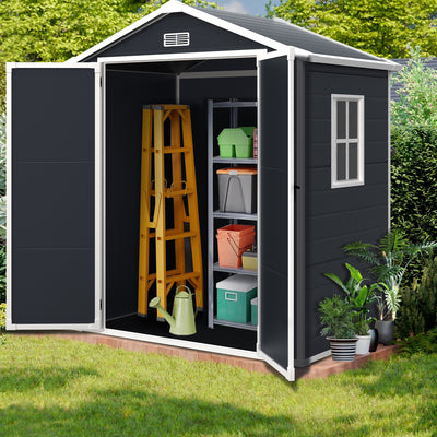 Outdoor Storage Sheds, 6x4FT Resin Shed with Floor Window, Plastic Bike Tool Shed Quick Assembly, All-weather Sloped Top, Double Door Design