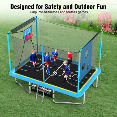 Seizeen Outdoor Trampoline for Kids, 8x12FT 3-in-1 Rectangle Trampoline W/ Enclosure for Adults, Heavy-Duty Frame, Basketball Hoop, Soccer Target, Shoe Bag, Ladder