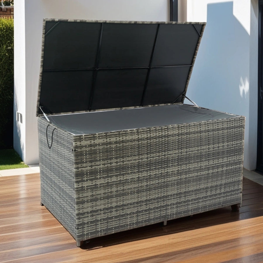 200Gal Outdoor Storage Box, PE Rattan Deck Box for Outside Patio Furniture, Cushions Toys Garden Poolside Storage Bench, Waterproof Lid, Gray