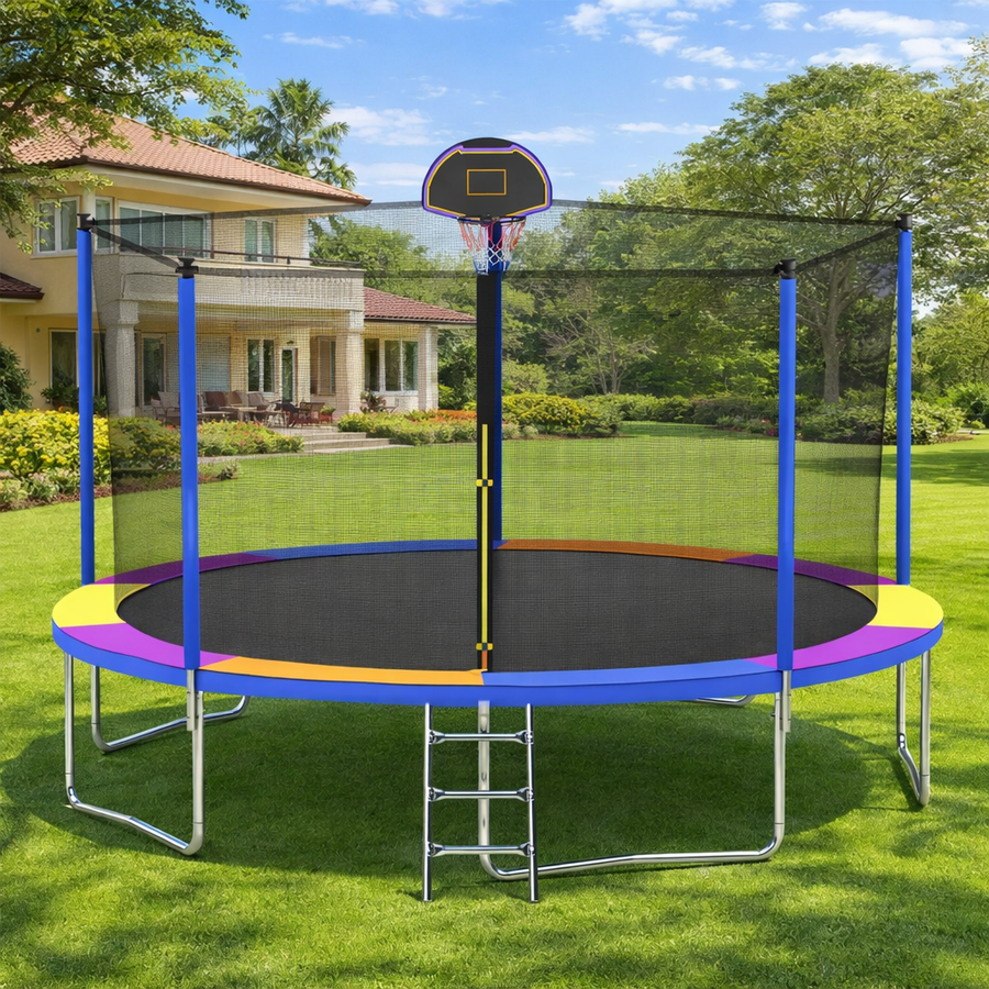 Outdoor Trampoline for Kids, Seizeen 12FT Kids Trampoline W/ Enclosure Net, Heavy-duty Rebounder Trampoline with Basketball Hoop, Ladder, Upgraded 4-W Support