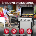 BBQ Grill, Seizeen 30,000 BTU 3-Burner Gas Grill Portable, Backyard Camping Propane Grill with Daul Zone, Foldable Table, Hanging Basket, Steel Brush, Universal Wheels