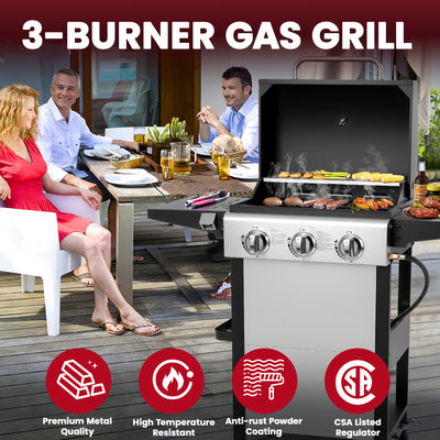 BBQ Grill, Seizeen 30,000 BTU 3-Burner Gas Grill Portable, Backyard Camping Propane Grill with Daul Zone, Foldable Table, Hanging Basket, Steel Brush, Universal Wheels