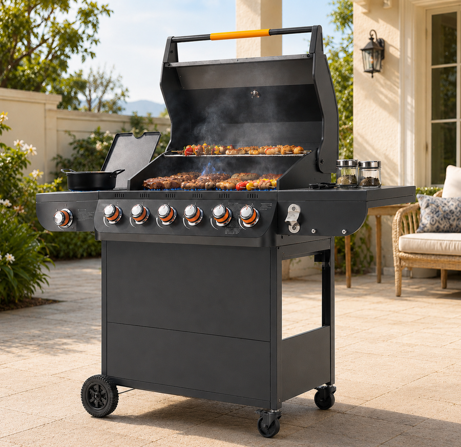 Propane Gas Grill clearance, 6-Burner Outdoor Grill with Side Burner, 72,000 BTU Stainless Steel BBQ Grill, 650 Sq.In Cooking Area, Cast Iron Grates, Thermometer, for Patio Backyard Garden