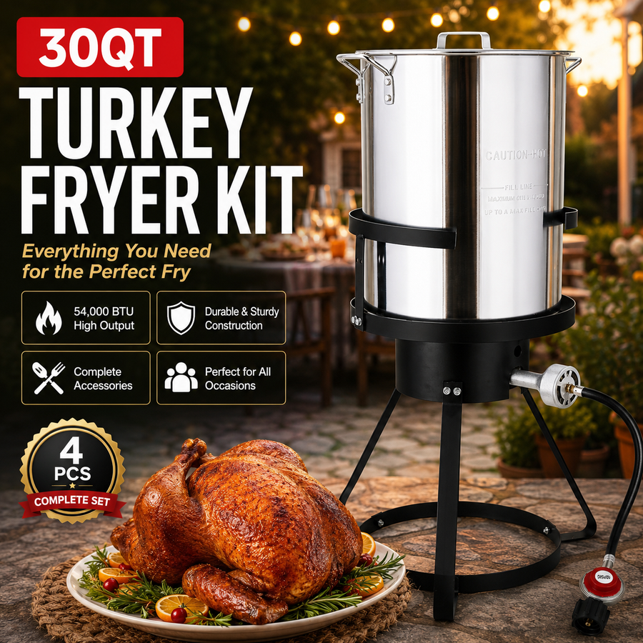 4PCS Outdoor Turkey Fryer Kit, 54,000 BTU Propane Deep Fryer with 30QT & 10QT Aluminum Seafood Boil Pots, Baskets, 32.3-Inch Iron Stand, Poultry Rack, Thermometer and Injector