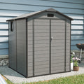 6x6FT Outdoor Storage Shed, Plastic Resin Shed w/Floor and Window, Lockable Tool Bike Garden Patio Large Storage with Sloped Top, Drainage Holes, 30MPH Wind Resistance