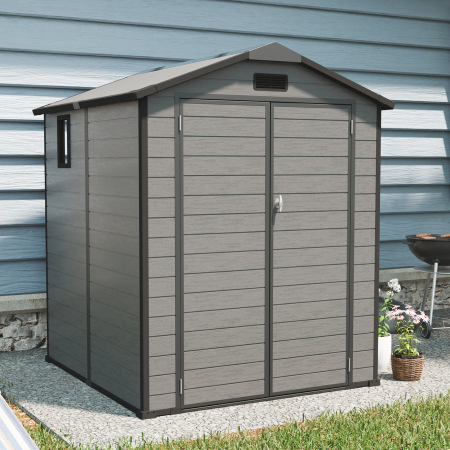 6x6FT Outdoor Storage Shed, Plastic Resin Shed w/Floor and Window, Lockable Tool Bike Garden Patio Large Storage with Sloped Top, Drainage Holes, 30MPH Wind Resistance