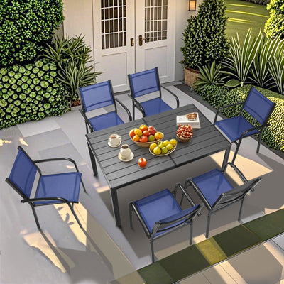 7-Piece Patio Dining Set – Outdoor Rattan Dining Set with 6 Textilene Chairs, Plastic Wood Grain Weather-Resistant Table and Chairs for Garden, Backyard & Poolside