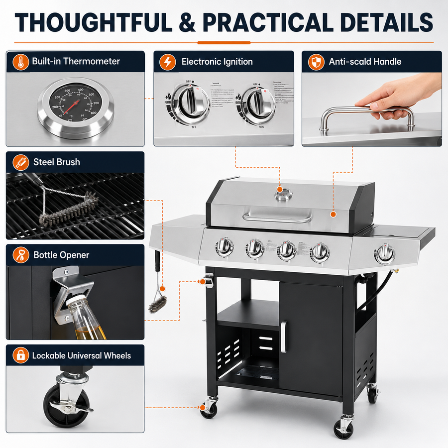 Seizeen 4 Burner Gas Grill with Side Burner, 50,000 BTU Stainless Steel BBQ Grill with Side Shelf, Tank Hook, Towel Rack & Bottle Opener, Outdoor Patio Propane Grill for Backyard, Camping