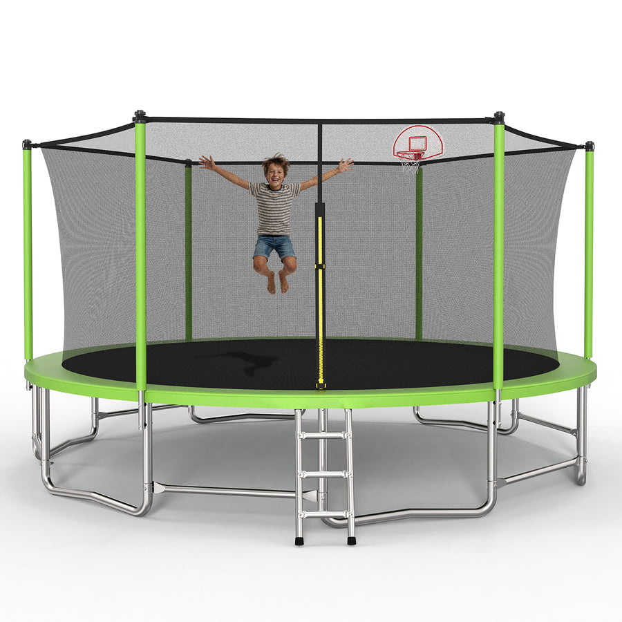 16FT Kids Trampoline with Hoop - Outdoor Trampoline W/Enclosure Net & Ladder, XXL Round Trampolines with Steel Support, Max Weight Capacity 1320LBS