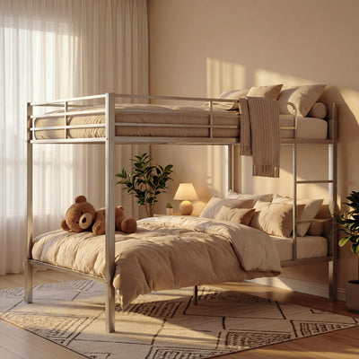 Metal Full Bunk Bed, Full over Full Metal Bunk Bed, Modern Retro Full Size Bunk Bed Frame with Ladder and Safety Guardrails, for Teens Adults, No Box Spring Needed, Sliver