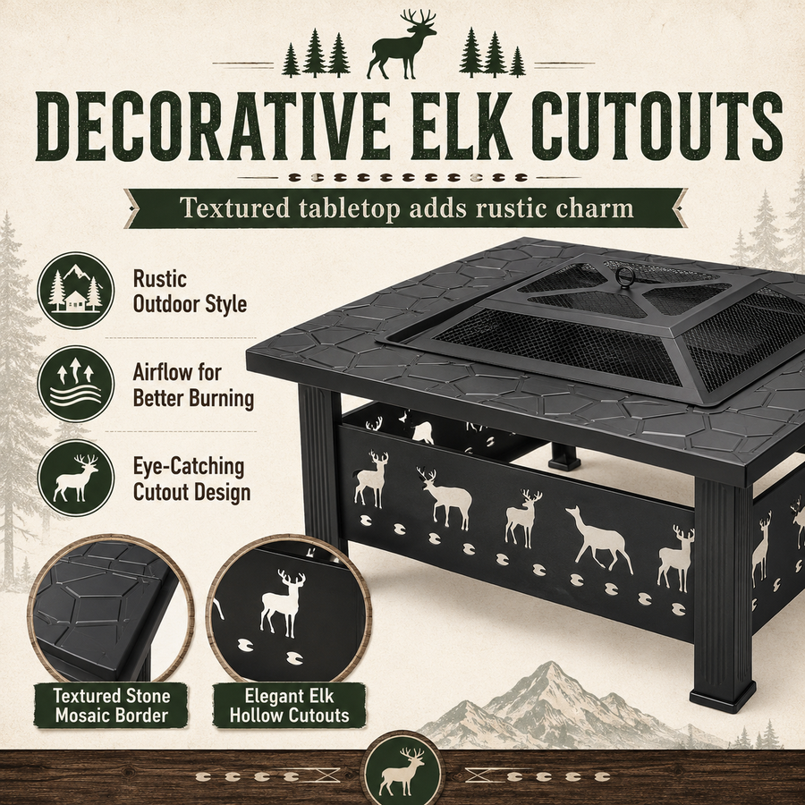 32 Inch Wood Burning Fire Pit for Outside, Square Outdoor Fire Pit Table with Spark Screen & Fire Poker, Heavy Duty Wrought Iron Firepit for Backyard, Patio, Garden & Camping