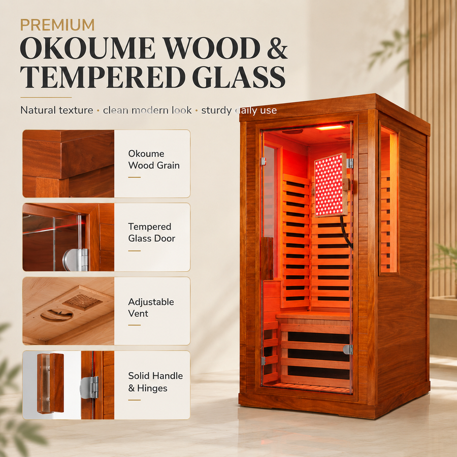 Seizeen Infrared Sauna with Red Light Lamp, 1-2 Persons Indoor Dry Sauna Room with 7 Carbon Crystal Heaters, Low EMF Okoume Wood Home Sauna Beaty Lamp, 7 Color Chromotherapy, Bluetooth Speaker