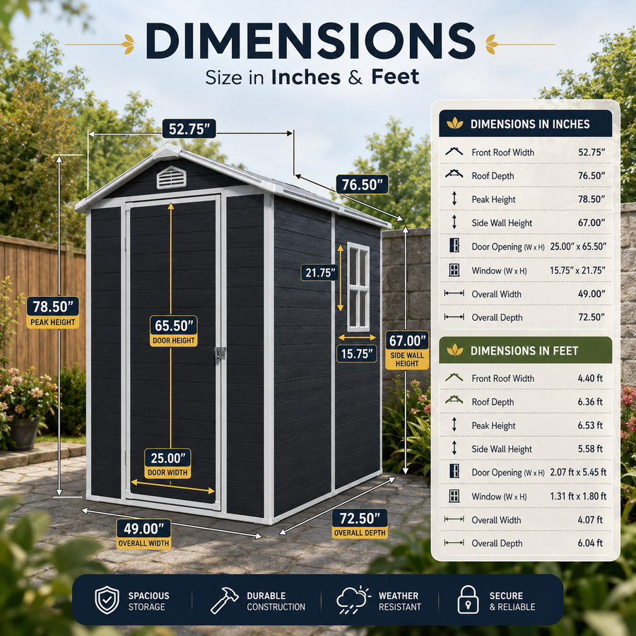 Seizeen 4 x 6 FT Plastic Storage Shed with Floor, Sloped Roof Outdoor Resin Shed with Window & Vents, Lockable Garden Tool Shed for Backyard Patio Lawn, Black