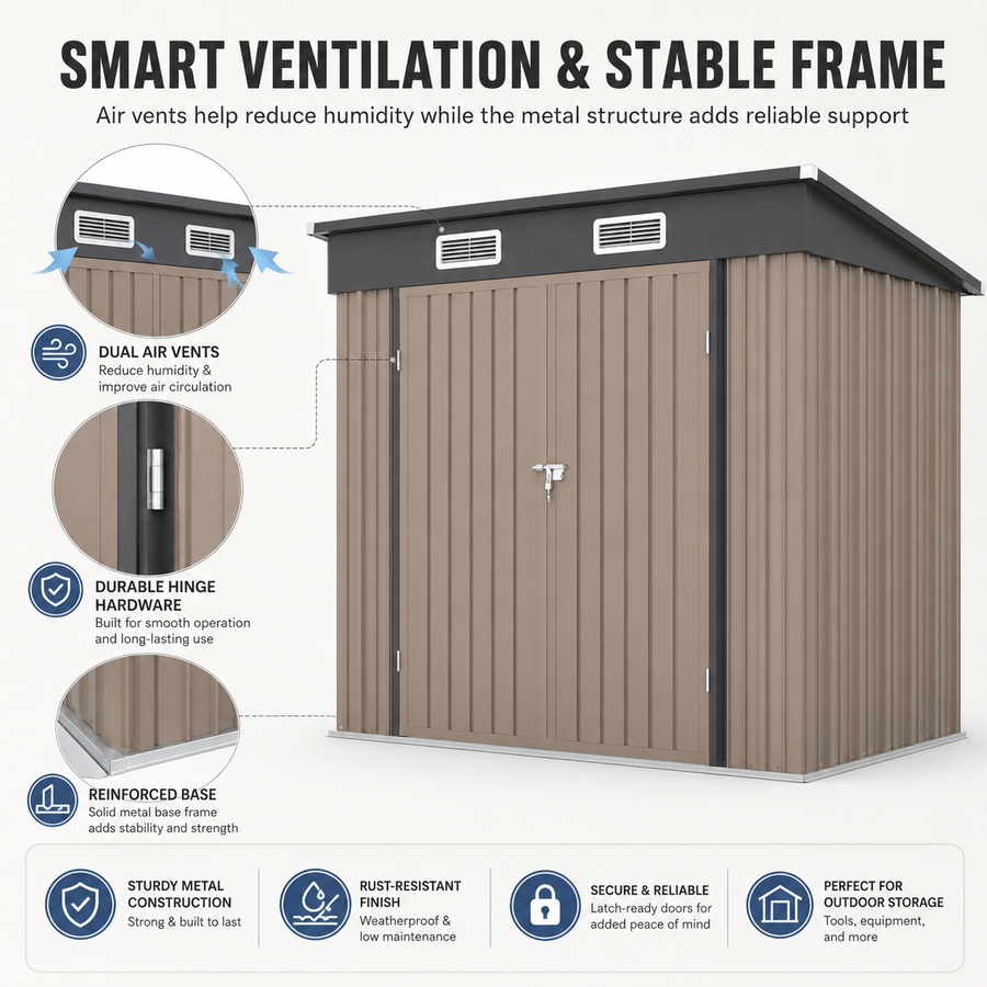 6x4ft Shed Outdoor Storage, All-weather Metal Garden Shed W/Floor, Galvanized Steel Tool Storage Shed, Double Lockable Doors, Brown