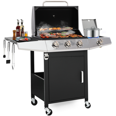BBQ Grill, Seizeen Gas Grill with Side Burner, 40,000BTU 3-Burner Propane Grill w/Storage Cabinet, Steel Brush, Stainless Steel Camping for Backyard Patio, Portable Design on Wheels