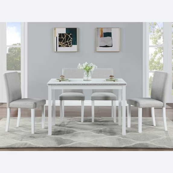 Dining Table Set for 4, Solid Wood Kitchen Table Set with Chairs, Crystal Top Table & Cushioned Chairs, Living Room Breakfast Nook Dining Furniture Set, Retro White