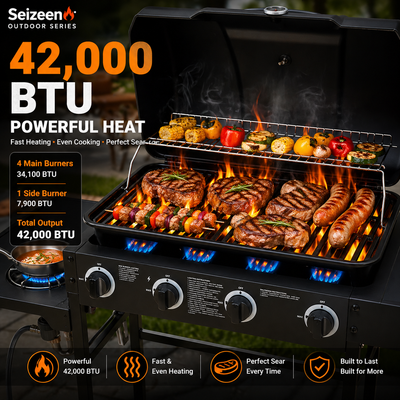 4 Burner Propane Gas Grill with Side Burner, 42000 BTU Stainless Steel BBQ Grill with Cast Iron Grates, 534 Sq In Cooking Area, Outdoor Barbecue Grill with Side Tables for Patio Backyard Cooking