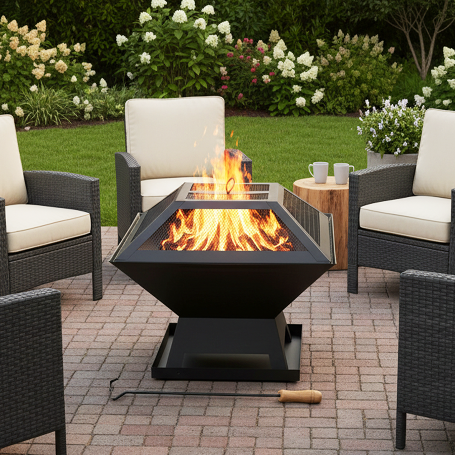 Portable Fire Pit for Outside, Seizeen Wood Burning Fire Pits 19'' Small Size, Square Firepit with Screen Cover, Fire Bowls with Ash Tray, Poker