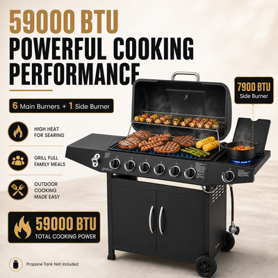 6-Burner Propane Gas Grill with Side Burner, 59000 BTU Outdoor BBQ Grill with Porcelain-Enameled Grates, Warming Rack, Side Tables, Bottle Opener, Thermometer & Wheels for Patio Backyard Cooking