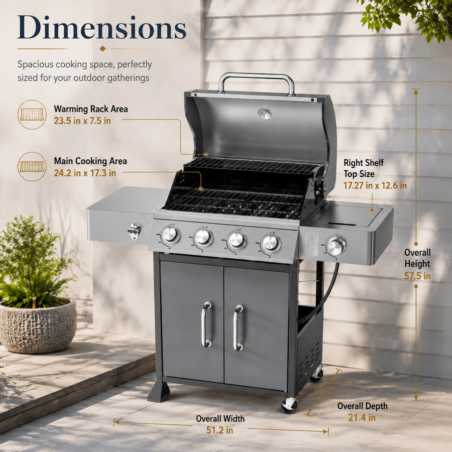 Seizeen Gas Grill with Side Burner, 51,000 BTU Outdoor BBQ Grill w/Porcelain-Enameled Cast Iron Grates, 4-Burner Portable Propane Grill on Wheelsfor Patio Backyard