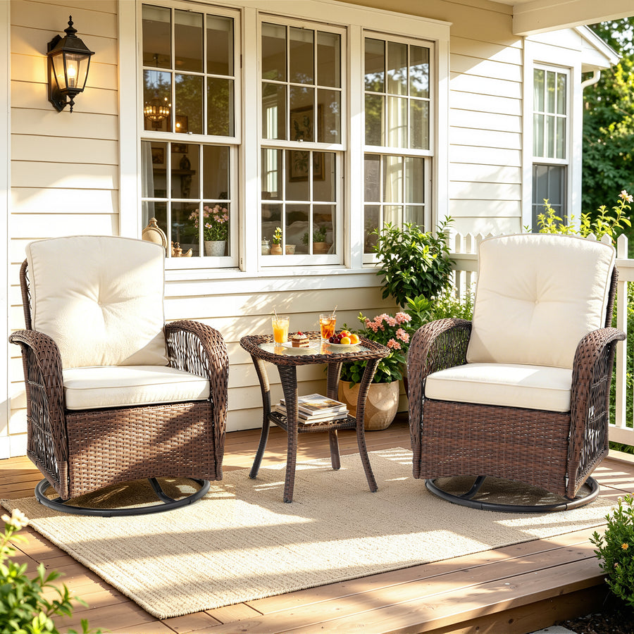 Outdoor Patio Bistro Set, 3 Pcs Rattan Wicker 360° Swivel Rocking Chairs Set, Balcony Porch Furniture with 2-Tier Coffee Table, Thickened Cushions