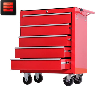 Seizeen NEW Rolling Tool Box 5-Drawers, Metal Tool Chest Garage Storage Cabinet, 30''H Large Tool Organizer on Wheels Lockable, Red
