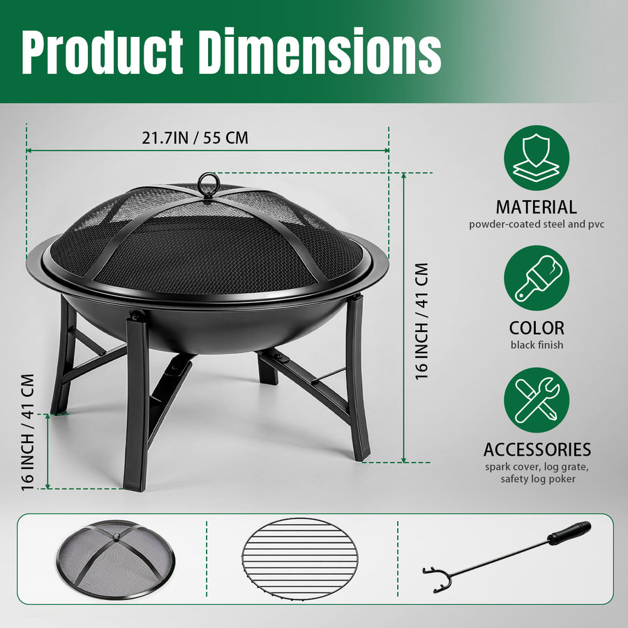 Seizeen 22'' Fire Pit for Outside, Wood-Burning Fire Bowl with Mesh Lid, Fire Poker/Grate, Portable Small Fire Stove for Patio Camp Backyard