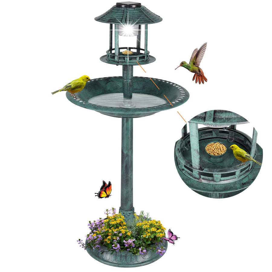 Seizeen Outdoor Bird Bath, 42''H Round Rustic Garden Birdbaths with Bird Feeder, Garden Decor w/Solar Light & Planter, Green