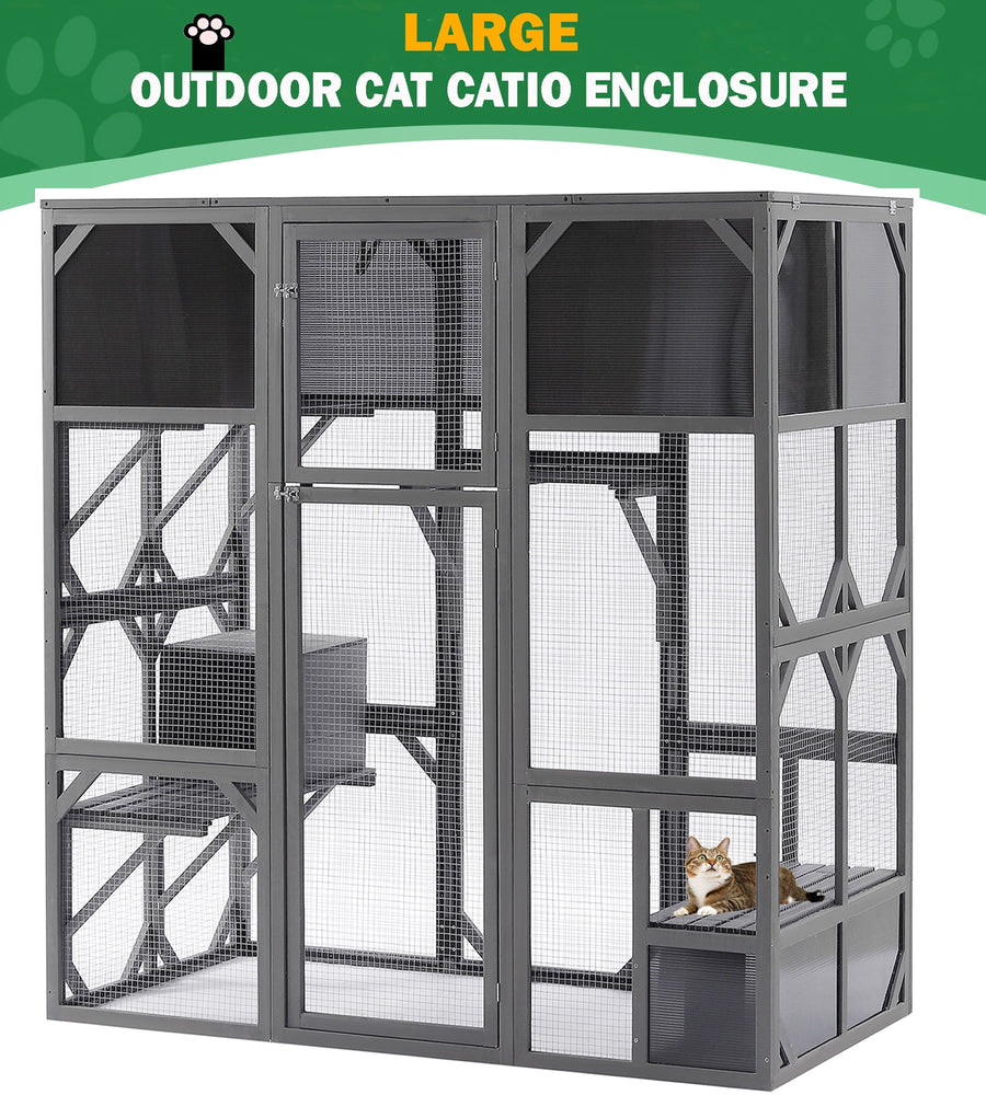 Large Outdoor Cat Enclosure, Seizeen Wooden Catio Cat House, All-weather Cat Cage for Outside Indoor Use, Waterproof Sun Visor, Resting Box, Drawbridge, Platform, Bench for Kitty Playing, 67.5''L