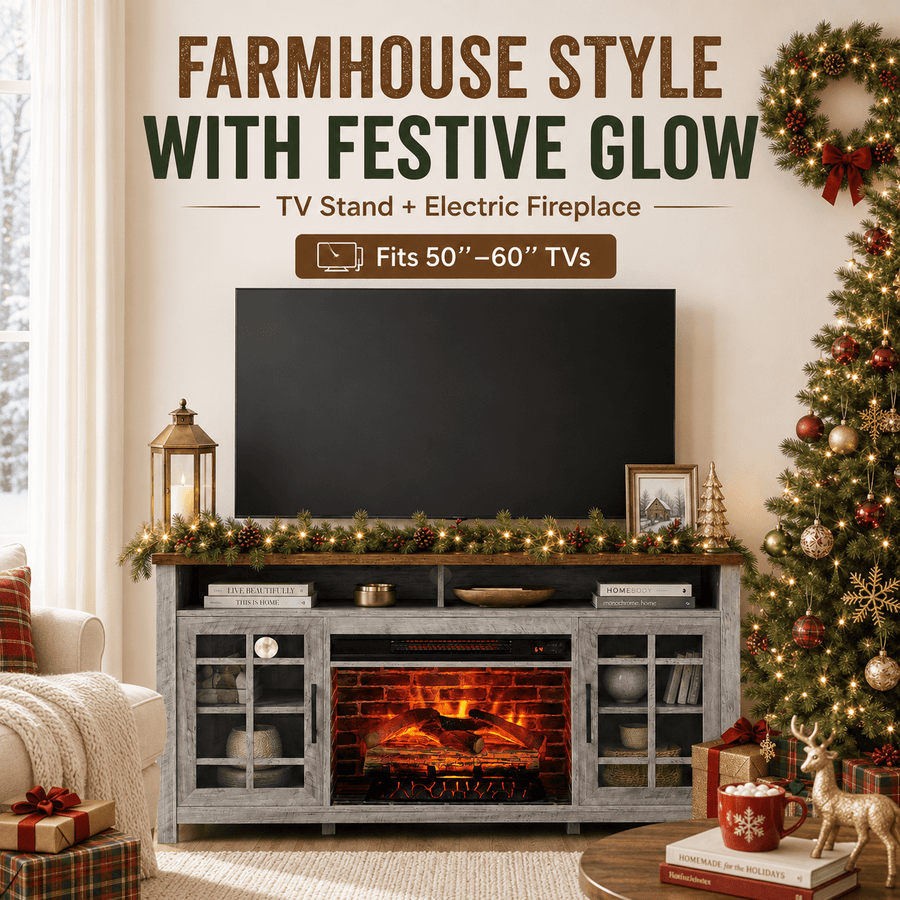 Seizeen Fireplace TV Stand for 60'' TV, 55''L Entertainment Center TV Cabinet, Farmhouse Media Console W/Large Storage, Remote Control for Fireplace, Infrared Heater & Virtual Flame, Gray Wash