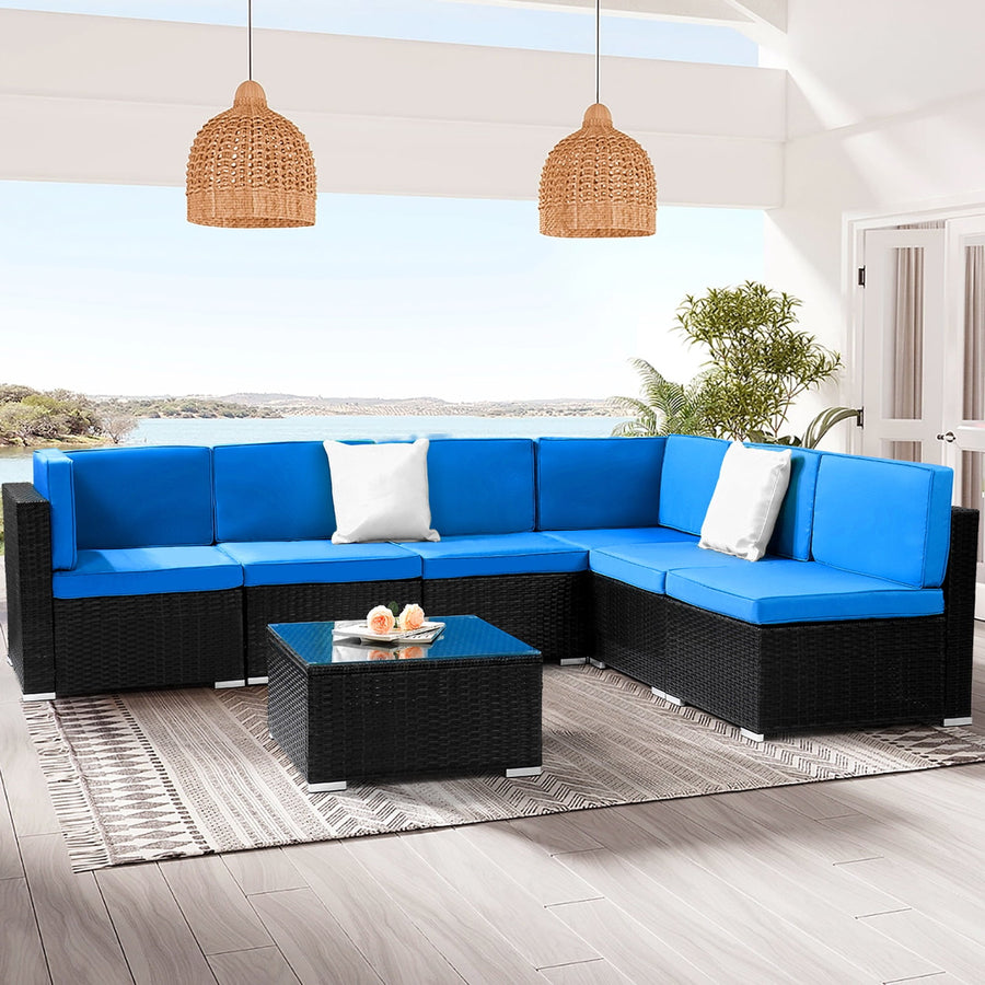 7 Pieces Patio Furniture Set, Outdoor Sectional Sofa with Table, Wicker Rattan Patio Conversation Couch with Blue Cushions and Pillows