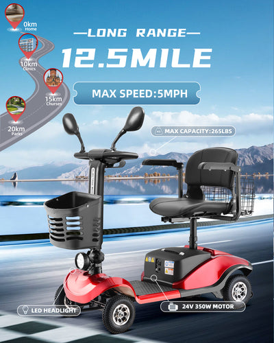 4-Wheel Mobility Scooter, 24V 350W Foldable Mobility Scooters For Seniors Adult, Collapsible Electric Scooter Wheelchair With Mirror, Headlight, Two Baskets, 12.5 Mile, Max 5mph