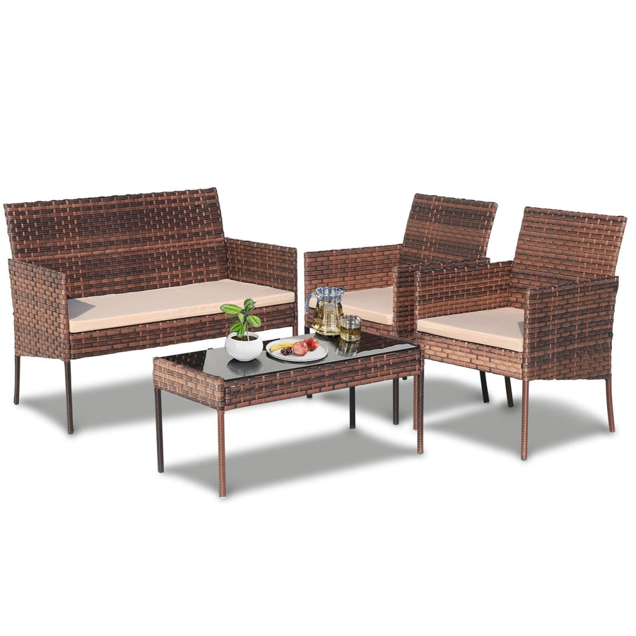4PCS Patio Set for Outdoor, All-weather Rattan Sofa Set for Porch Deck, Patio Furniture Conversation Set w/Couch Table Armchairs, Brown